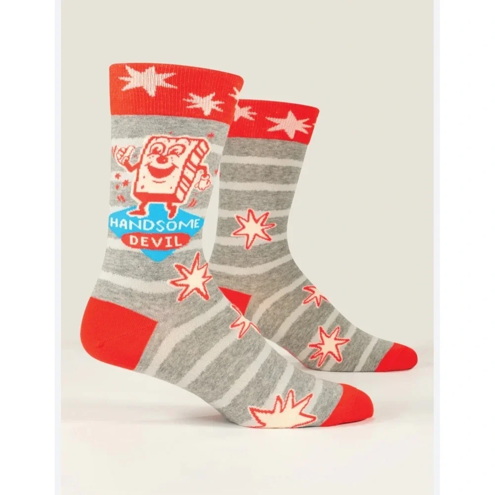 NWT Blue Q Mens Socks Handsome Devil Grey Red Striped Retro Graphic Novelty